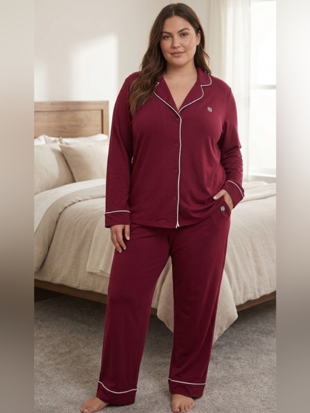 Tommy Hilfiger Women's Maroon Long-Sleeve Button Pajama Set Size XL